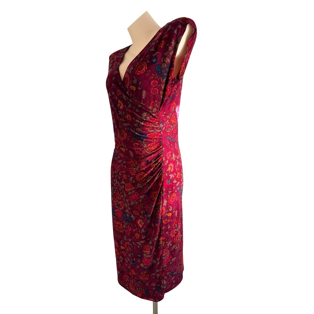 Lauren Ralph Lauren Burgundy Floral Ruched Faux Wrap Sheath Midi Dress Womens M - Picture 8 of 8